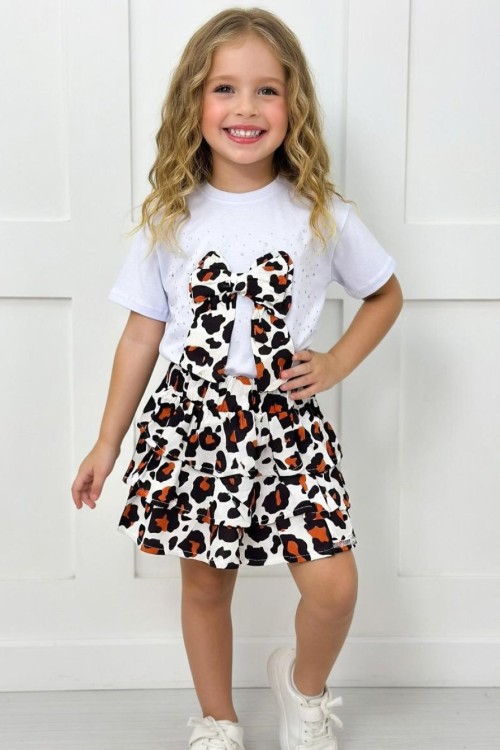 LEOPAR FİYONKLU ÜSTÜ TAŞLI KAT KAT ETEKLİ TAKIM Turuncu