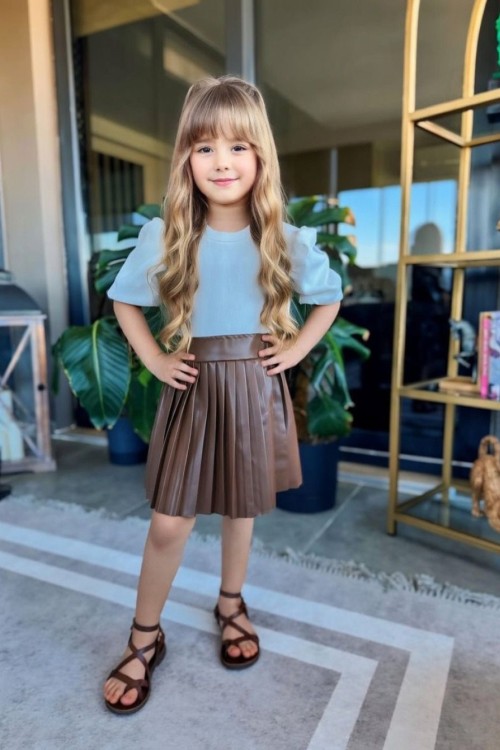 ÜST BALON KOL ALT PİLELİ DERİ ETEKLİ KISAKOL TAKIM  Kahverengi