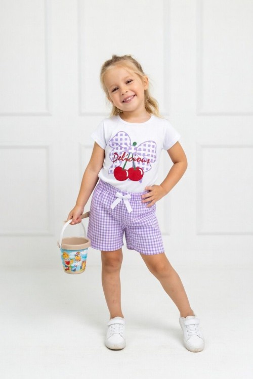 FİYONKLU KİRAZ BASKILI ŞORTU PİTİKARELİ TAKIM Lila