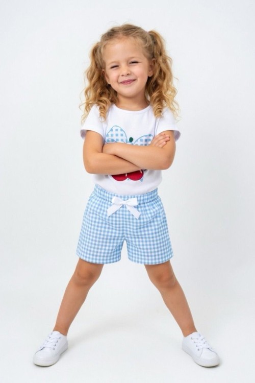 FİYONKLU KİRAZ BASKILI ŞORTU PİTİKARELİ TAKIM Mavi