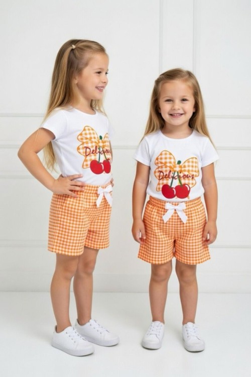 FİYONKLU KİRAZ BASKILI ŞORTU PİTİKARELİ TAKIM Turuncu