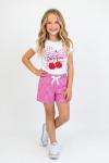 FİYONKLU KİRAZ BASKILI ŞORTU PİTİKARELİ TAKIM Pembe
