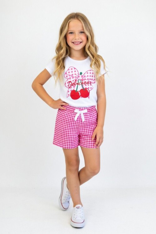 FİYONKLU KİRAZ BASKILI ŞORTU PİTİKARELİ TAKIM Pembe