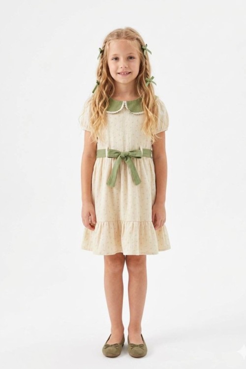 BEBE YAKALI KEMERLİ DESENLİ MÜSLİN ELBİSE  Yeşil