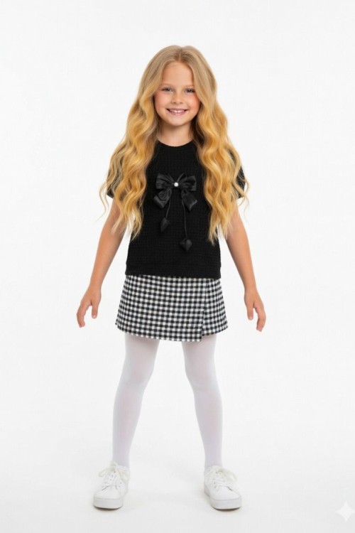 ÜST FİYONKLU ALTI KARELİ ŞORT ETEKLİ KISAKOL TAKIM  Siyah