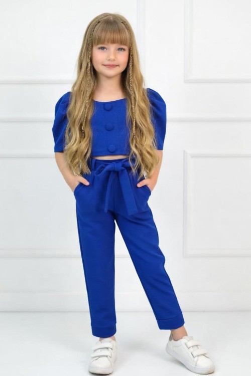 BEL KEMERLİ 3 DÜĞMELİ BALON KOL TARZ KISAKOLLU KIZ  TAKIM Saks Mavisi