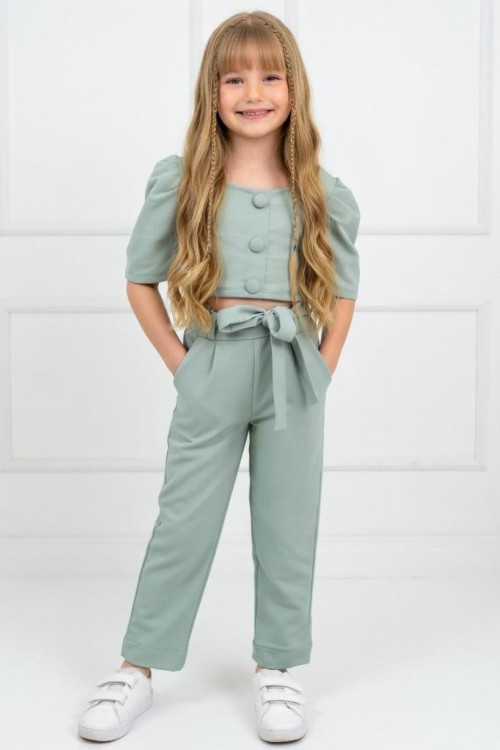 BEL KEMERLİ 3 DÜĞMELİ BALON KOL TARZ KISAKOLLU KIZ  TAKIM Yeşil