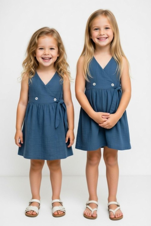 YANDAN BAĞLAMALI DÜĞMELİ MÜSLİN ELBİSE  Mavi