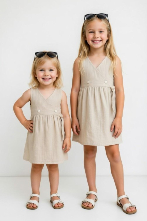 YANDAN BAĞLAMALI DÜĞMELİ MÜSLİN ELBİSE  Bej