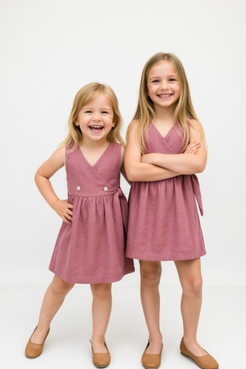 YANDAN BAĞLAMALI DÜĞMELİ MÜSLİN ELBİSE  Pembe