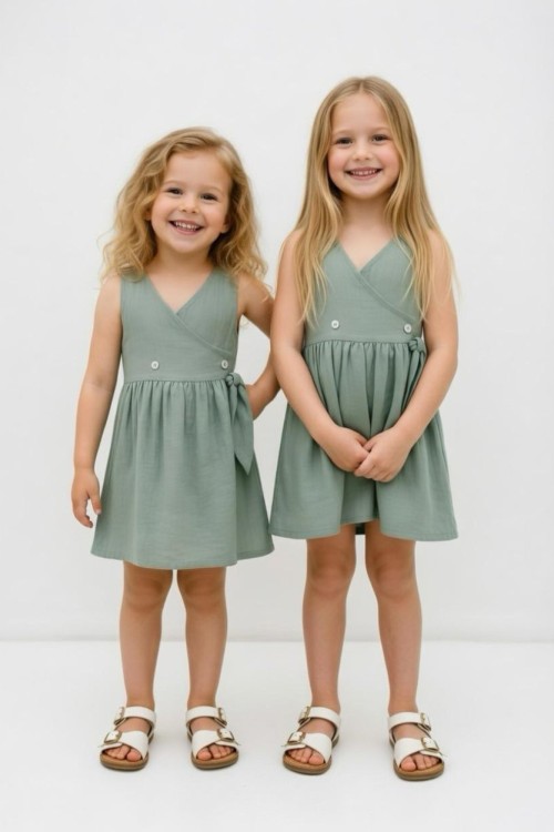 YANDAN BAĞLAMALI DÜĞMELİ MÜSLİN ELBİSE  Yeşil