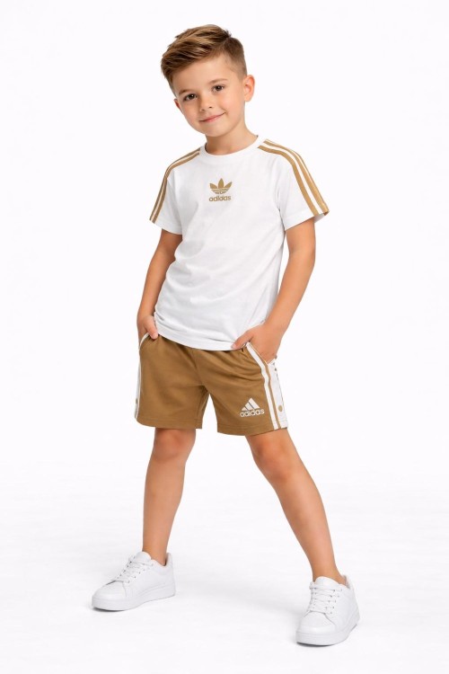 GARSON BOY ADİDAS OMZU ŞERİTLİ ALTI DÜĞMELİ ŞORTLU TAKIM  Kahverengi