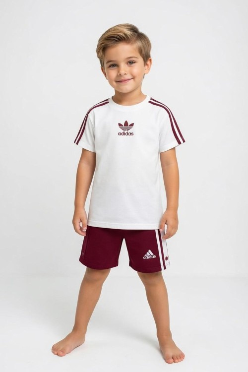 GARSON BOY ADİDAS OMZU ŞERİTLİ ALTI DÜĞMELİ ŞORTLU TAKIM  Bordo