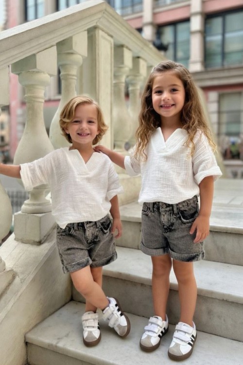 GARSON BOY MÜSLİN KUMAŞ KOT ŞORTLU TAKIM  Gri