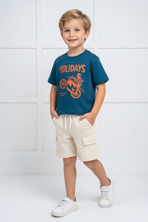 GARSON BOY HOLİDAY MOTOR BASKILI ŞORTU TAKIM  Mavi