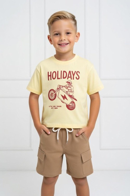 GARSON BOY HOLİDAY MOTOR BASKILI ŞORTU TAKIM  Bej