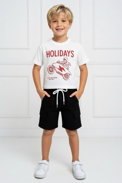 GARSON BOY HOLİDAY MOTOR BASKILI ŞORTU TAKIM  Beyaz