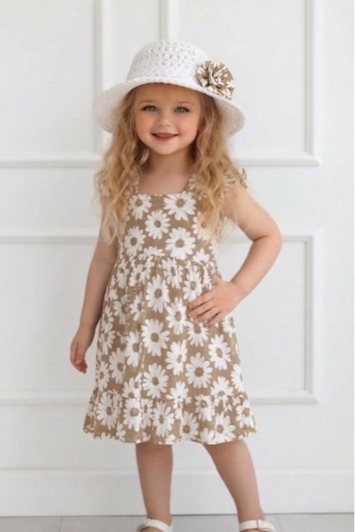 ÇIÇEKLI YAZLIK ŞAPKALI ELBISE Bej
