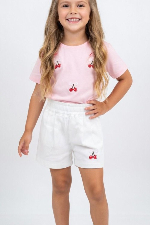 ÜST 5 KİRAZ ALT TEK KİRAZ DESENLİ ŞORTLU TAKIM  Pembe