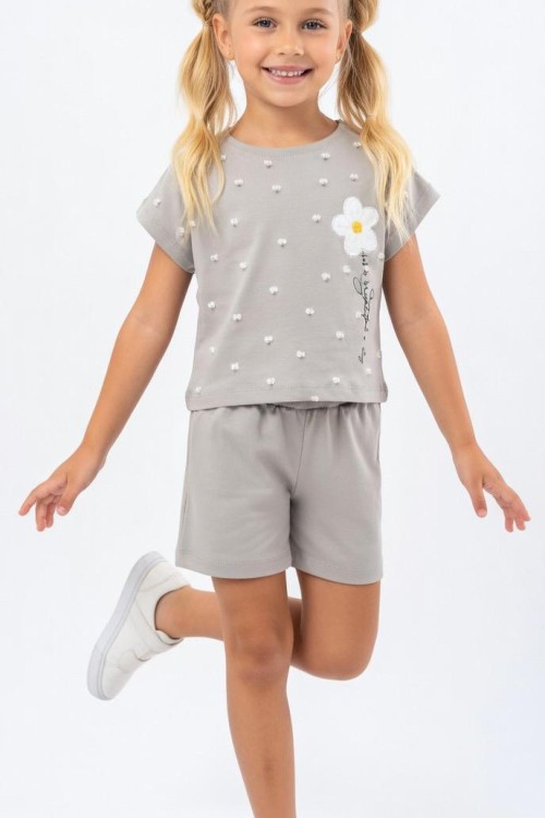 ÜST TEK VE HER YERİ PAPATYALI YAZILI ŞORTLU TAKIM  Gri
