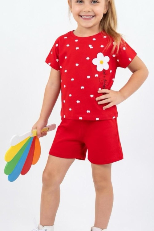 ÜST TEK VE HER YERİ PAPATYALI YAZILI ŞORTLU TAKIM  Kırmızı