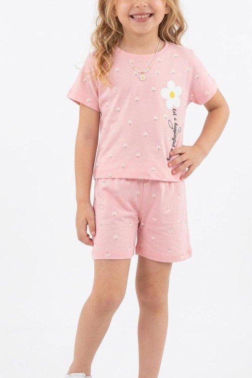 ÜST TEK VE HER YERİ PAPATYALI YAZILI ŞORTLU TAKIM  Pembe