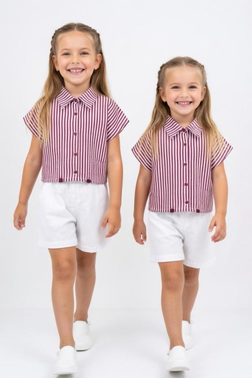 ÇİZGİLİ GÖMLEK CEPLİ ŞORTLU TAKIM  Bordo