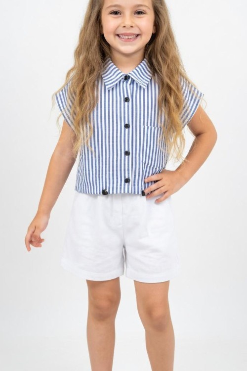 ÇİZGİLİ GÖMLEK CEPLİ ŞORTLU TAKIM  Mavi