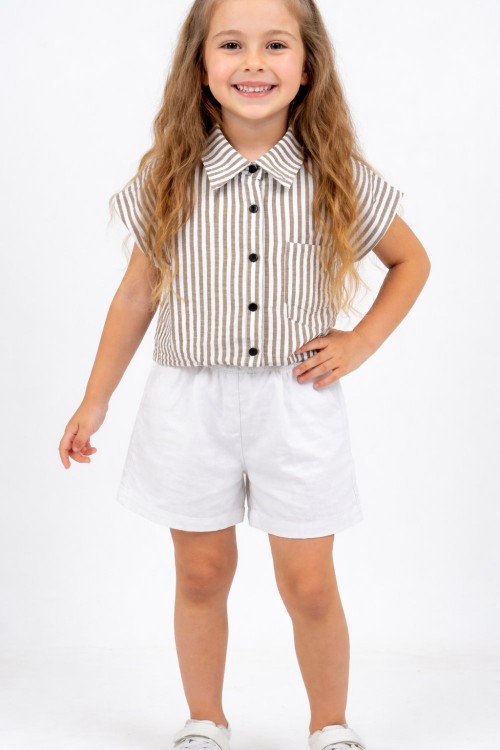 ÇİZGİLİ GÖMLEK CEPLİ ŞORTLU TAKIM  Kahverengi