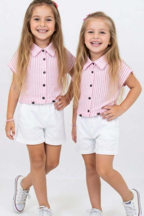 ÇİZGİLİ GÖMLEK CEPLİ ŞORTLU TAKIM  Pembe