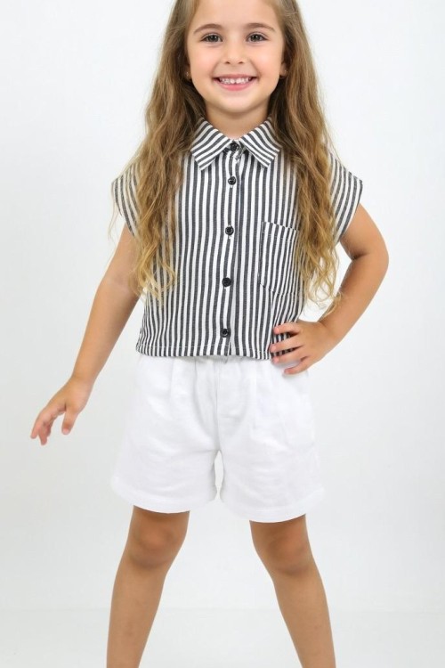 ÇİZGİLİ GÖMLEK CEPLİ ŞORTLU TAKIM  Siyah