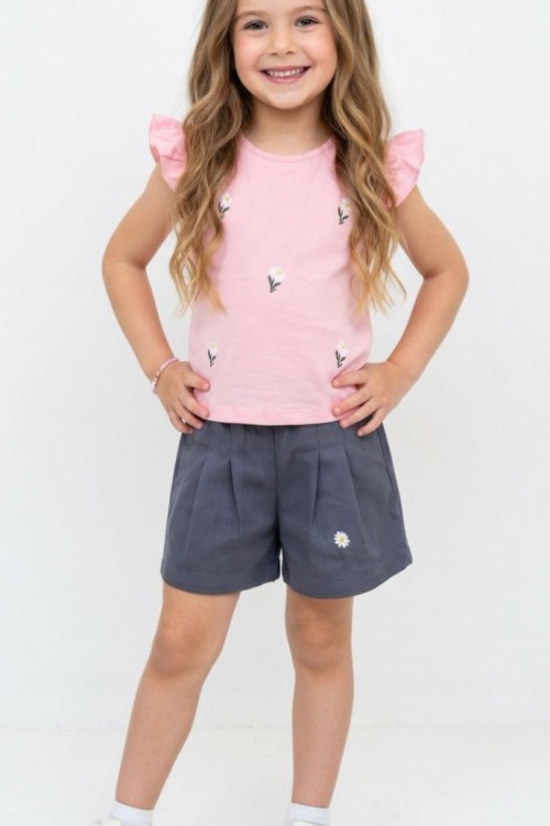 KOLU FIRFIRLI ÜST 5 PAPATYA ALT TEK PAPATYA ŞORTLU TAKIM  Pembe