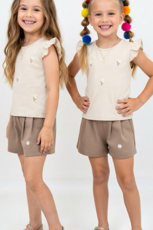 KOLU FIRFIRLI ÜST 5 PAPATYA ALT TEK PAPATYA ŞORTLU TAKIM  Kahverengi