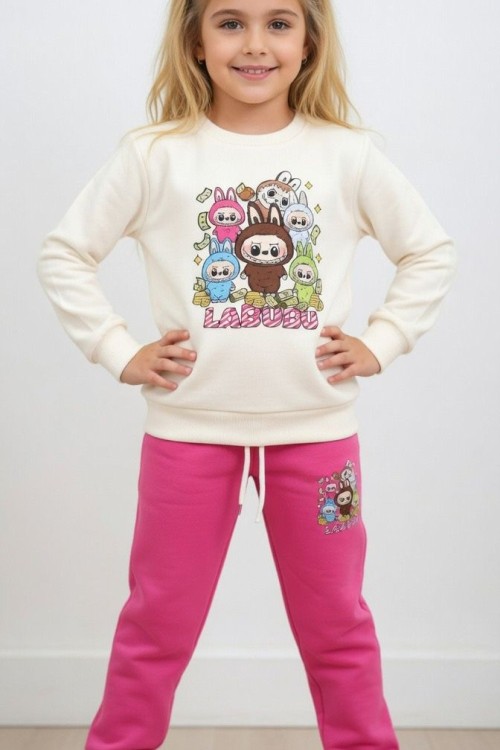 2 İP ŞARDONLU ÇOKLU LABUBU EŞOFMAN TAKIMI  Krem