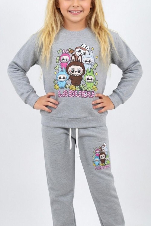 2 İP ŞARDONLU ÇOKLU LABUBU EŞOFMAN TAKIMI  Gri