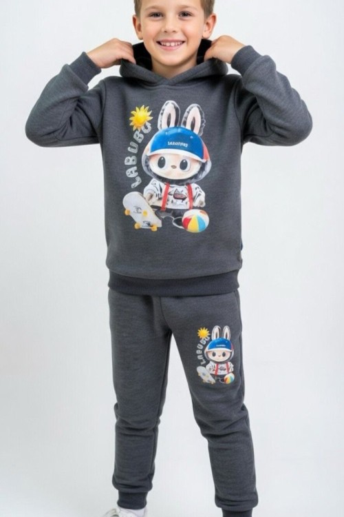 2 İP ŞARDONLU KAYKAY KASKLI LABUBU EŞOFMAN TAKIMI  Füme