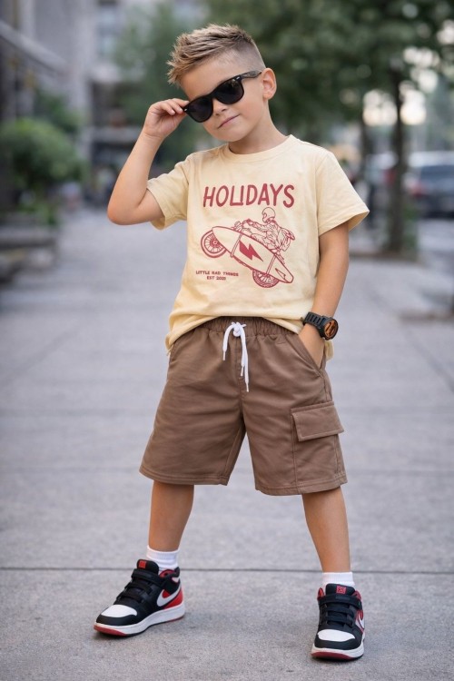 GARSON BOY HOLİDAY MOTOR BASKILI ŞORTU TAKIM  Kahverengi