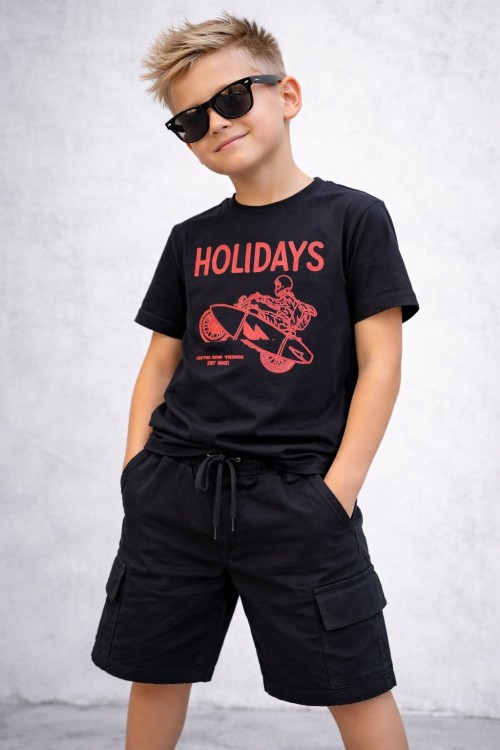 GARSON BOY HOLİDAY MOTOR BASKILI ŞORTU TAKIM  Siyah