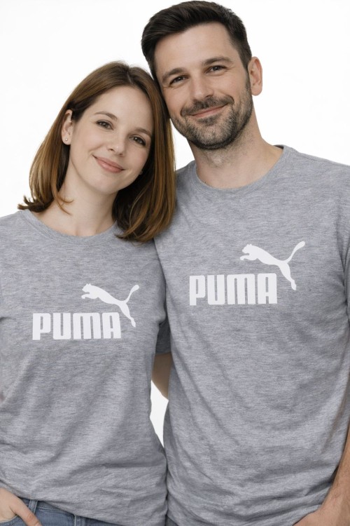 KAMPANYALI UNİSEX BEYAZ YAZILI BÜYÜK PUMA KEDİLİ TİŞÖRT  Gri