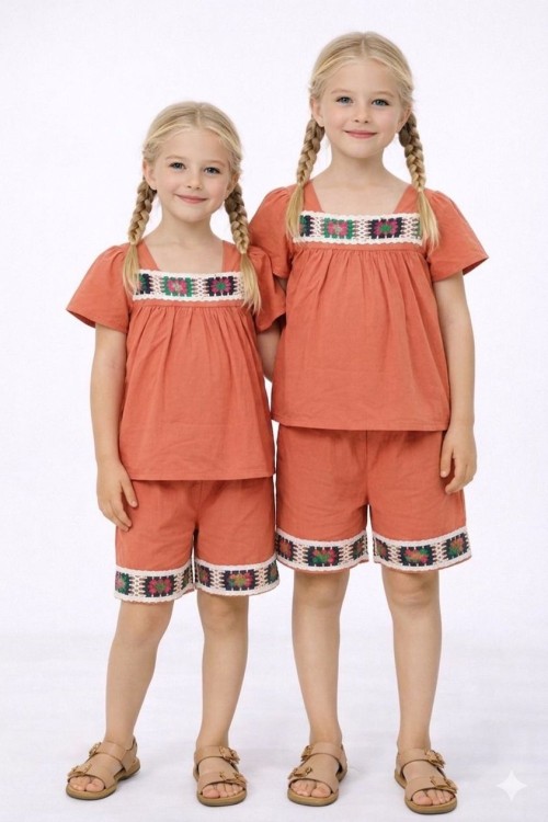 YAKASI VE ŞORT UCU ÖRGÜ ETNİK  DESEN ŞORTLU TAKIM  Kiremit