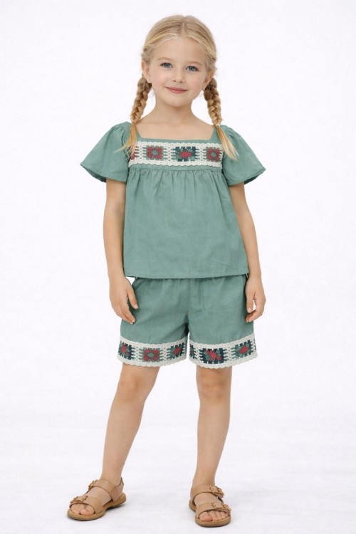 YAKASI VE ŞORT UCU ÖRGÜ ETNİK  DESEN ŞORTLU TAKIM  Petrol Mavisi