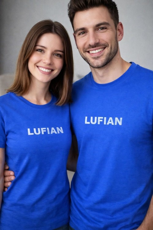 KAMPANYALI UNİSEX LUFIAN BEYAZ YAZILI TİŞÖRT  Mavi