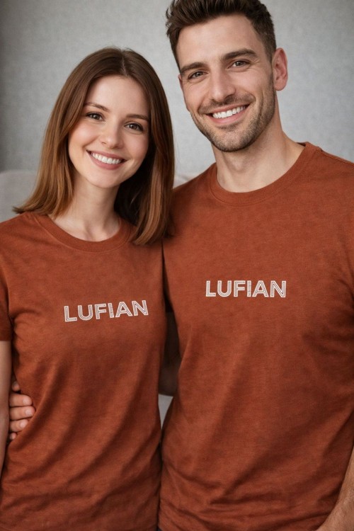 KAMPANYALI UNİSEX KESİK YAZILI LUFIAN TİŞÖRT  Kahverengi