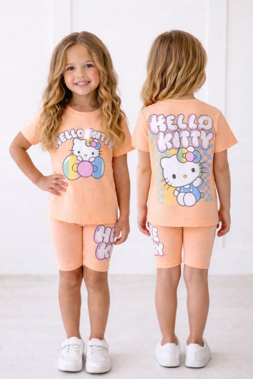 SIRT BASKILI HELLO KİTTY OVERSİZE KISA  TAYTLI  TAKIM  Somon