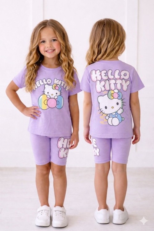 SIRT BASKILI HELLO KİTTY OVERSİZE KISA TAYTLI TAKIM  Mor