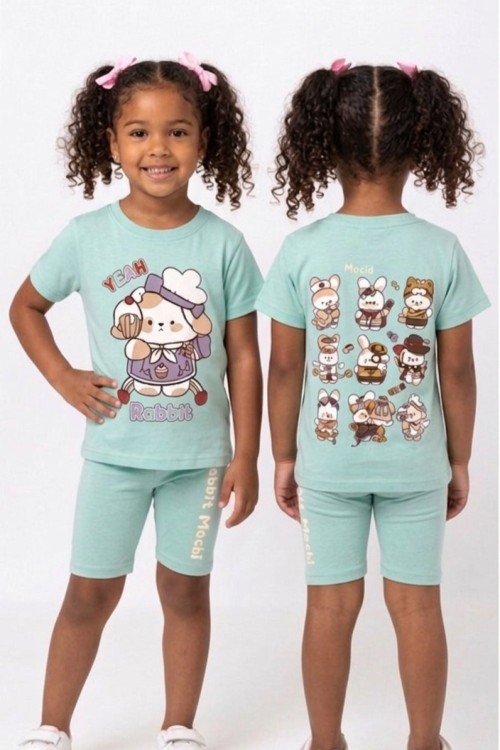 SIRT BASKILI YEAH RABBİT OVERSİZE KISA TAYTLI TAKIM  Yeşil