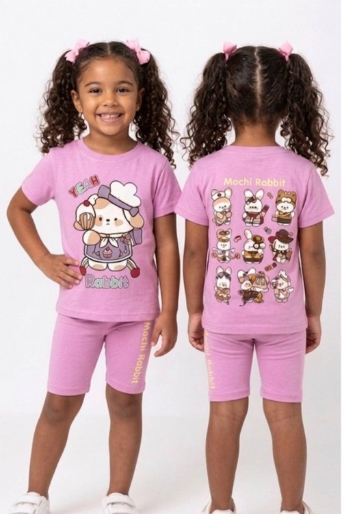 SIRT BASKILI YEAH RABBİT OVERSİZE  KISA TAYTLI TAKIM  Pembe