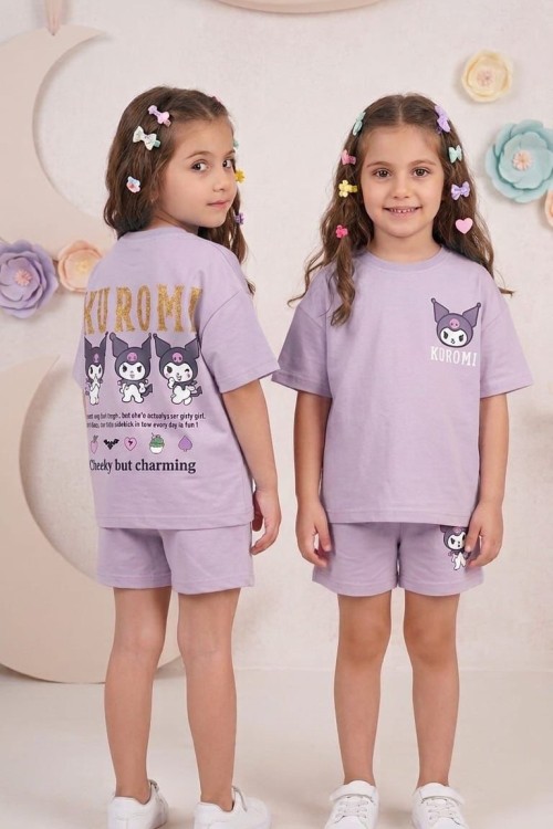 SIRT BASKILI 3 KUROMİ OVERSİZE ŞORTLU TAKIM  Lila