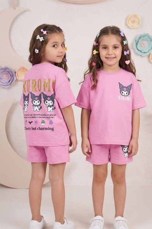 SIRT BASKILI 3 KUROMİ OVERSİZE ŞORTLU TAKIM  Pembe