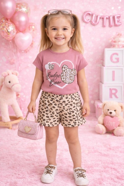 BUDGE BEAR YAZILI LEOPAR ŞORTLU TAKIM  Gül